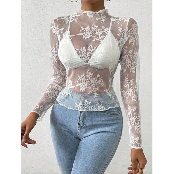 White Lace Sheer Floral Long Sleeve Top Shirt - Picture 5 of 8